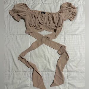 Tan Off-Shoulder Crop Top with Wrap Ties